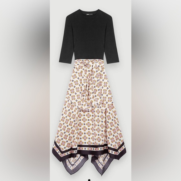 Maje Rosangeo Dress Asymmetric Hem Black Top Geometric Skirt